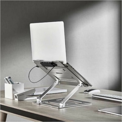 IntekView Steel Laptop Holder - 11" to 17" Screen Support - 11.02 lb (5000 g) Load Capacity - 1.70" (43.18 mm) Height x 9.40" (238.76 mm) Width - Portable - Metal, Aluminum, Silicon, Steel - Beige, Black - For Notebook, Tablet, Monitor - Built-in USB Port, Lightweight, Ergonomic, USB Charging Port,   