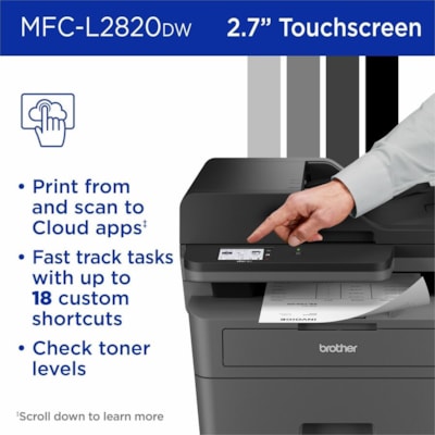 Brother MFC-L2820DW Wireless Laser Multifunction Printer - Monochrome - Gray - Copier/Fax/Printer/Scanner - 34 ppm Mono/7.9 ppm Color Print - 1200 x 1200 dpi Print - Automatic Duplex Print - Up to 35000 Pages Monthly - Monochrome Scanner - 1200 x 1200 dpi Optical Scan - Ethernet - Wireless LAN - App ER MULTIFUNCTION 
