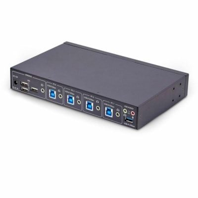 StarTech.com 4-Port KM Switch w/ Mouse Switching, USB 3.0 Keyboard/Mouse Switcher for 4 Computers, 3.5mm and USB Audio, TAA Compliant - Mouse Roaming allows users to instantly switch computers by moving the mouse between monitors without using hotkeys or physical buttons; 3x USB HID and 2x USB 5Gbps  CPNT 