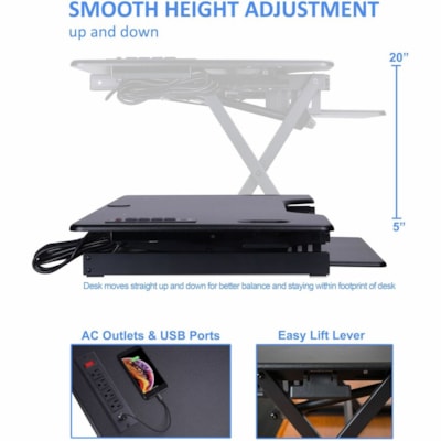 Élévateur de bureau multiusage Hauteur réglable Rocelco - 45 lb (20411,66 g) Capacité de charge - 20 po (508 mm) Hauteur x 46 po (1168,40 mm) Largeur - Bureau - Mate - Panneau de fibres à densité moyenne (MDF), Acier - Noir - Pour Ordinateur, Moniteur, Ordinateur Por table Desk Riser W-4AC-2USB Ou tlets