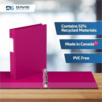Davis Group - Reliure à anneaux 2311-43-06 - format lettre - format 8 1/2 po (215,90 mm) x 11 po (279,40 mm) - 200 Capacité en feuilles - 3 x 1 po (25,40 mm) Ring(s) - Fastener(s) : Anneau rond - Pocket(s) : 2, Interne - Polypropylène - Rose - 5,15 lb (2336 g) - Étiquette dos, San  