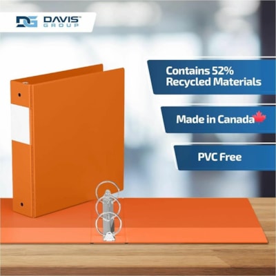 Davis Group - Reliure à anneaux 2313-19-06 - format lettre - format 8 1/2 po (215,90 mm) x 11 po (279,40 mm) - 400 Capacité en feuilles - 3 x 2 po (50,80 mm) Ring(s) - Fastener(s) : Anneau rond - Pocket(s) : 2, Interne - Polypropylène - Orange - 7,60 lb (3447,30 g) - Étiquette dos  
