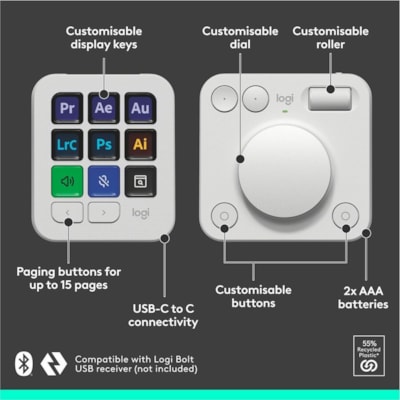 Logitech MX Creative Console Keypad & Dial - USB Type C Cable Keypad - Pale Gray - Wireless Bluetooth Dialpad - Dialpad - Pale Gray - AAA - Compatible with PC, Mac  WRLS 