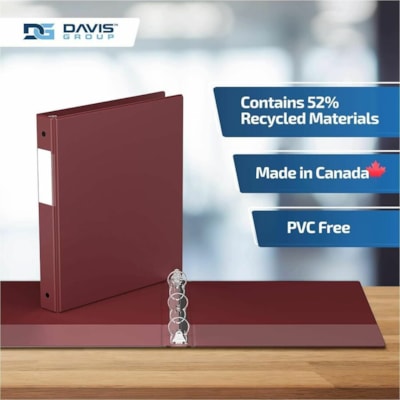 Davis - Reliure à anneaux Essential - format lettre - format 8 1/2 po (215,90 mm) x 11 po (279,40 mm) - 200 Capacité en feuilles - 3 x 1 po (25,40 mm) Ring(s) - Fastener(s) : Anneau rond - Pocket(s) : 2, À l'intérieur avant et arrière - Polypropylène - Bourgogne - 5,  
