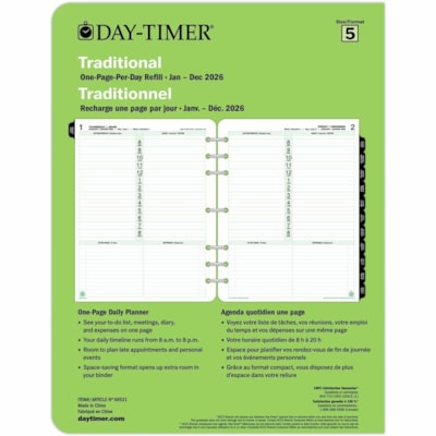 Day-Timer 2026 Dated Refill 1-Page/Day Folio - 11" H x 8-1/2" W - Bilingual - Folio - Daily - 12 Month - January 2026 to December 2026 - 8:00 AM to 8:00 PM - Hourly - 1 Day Single Page Layout - Letter - 8 1/2" (215.90 mm) x 11" (279.40 mm) Sheet Size - Green - Paper Cover - Event Planning Sheet, Tas 8-1/2X11 30% PCW