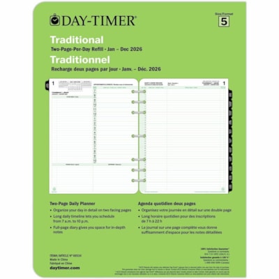 Day-Timer 2026 Dated Refill 2 Pages/Day Folio - 11" H x 8-1/2" W - Bilingual - Folio - Daily - 12 Month - January 2026 to December 2026 - 7:00 AM to 10:00 PM - Hourly - 1 Day Double Page Layout - Letter - 8 1/2" (215.90 mm) x 11" (279.40 mm) Sheet Size - Green - Paper Cover - Event Planning Sheet, T 8-1/2 X 11 30% PCW