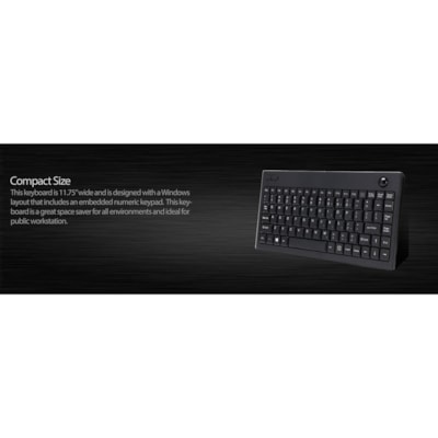 Adesso Wireless Mini Trackball Keyboard - Wireless Connectivity - RF - 30 ft (9144 mm) - 2.40 GHz - USB Interface - 87 Key(s) - Windows Key Hot Key(s) - English (US) - Computer, Monitor, Tablet, Kiosk - Trackball - Windows - Membrane Keyswitch - AA Battery Size Supported - Black  Trackball Keyboard  - Black