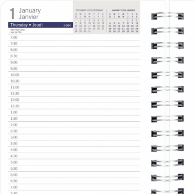 Blueline 2026 DuraGlobe 12-Month Daily Planner - January to December - 8" x 5" - Black - Bilingual - Julian Dates - Daily - 12 Month - January 2026 to December 2026 - 7:00 AM to 7:30 PM - Half-hourly - Monday - Friday - 1 Day Single Page Layout - 5" (127 mm) x 8" (203.20 mm) Sheet Size - Twin Wire -  