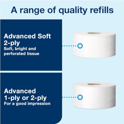 TORK Elevation Bath Tissue Jumbo Roll Mini Twin Dispenser - Roll Dispenser - 10.10" (256.54 mm) Height x 17" (431.80 mm) Width x 5.70" (144.78 mm) Depth - Plastic, Polystyrene - Black - Refillable - 1 / Carton JUMBO TWIN DISPENSER  101/8X17 X511/16  BLACK