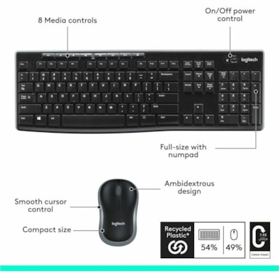 Logitech MK270 Wireless Keyboard and Mouse Combo for Windows, 2.4 GHz Wireless, Compact Mouse, 8 Multimedia and Shortcut Keys, 2-Year Battery Life, for PC, Laptop - USB Wireless RF 2.40 GHz Keyboard - English - Black - USB Wireless RF Mouse - Optical - 3 Button - Scroll Wheel - Black - Multimedia, I WIRELESS KEYBOARD/MOUSE  BLACK 