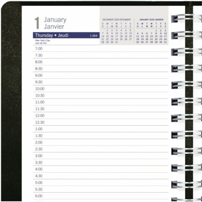 Blueline 2026 DuraGlobe 12-Month Daily Planner - January to December - 8" x 5" - Black - Bilingual - Daily - 12 Month - January 2026 to December 2026 - 7:00 AM to 7:30 PM - Half-hourly - Monday - Friday - 1 Day Single Page Layout - 5" (127 mm) x 8" (203.20 mm) Sheet Size - Twin Wire - Black - Paper,  