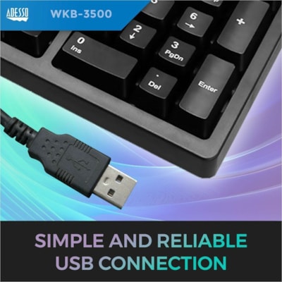 Adesso 2.4 GHz Wireless Ergonomic Trackball Keyboard - Wireless Connectivity - RF - 30 ft (9144 mm) - 2.40 GHz - USB Interface - 105 Key(s) - Next Track, Previous Track, Refresh, Search, Forward, Wake-up, Play/Pause, Volume Up, My Computer, Mute, Sleep, ... Hot Key(s) - English (US) - QWERTY Layout  s Media Ergonomic Trackball ke yboard with 20 windo