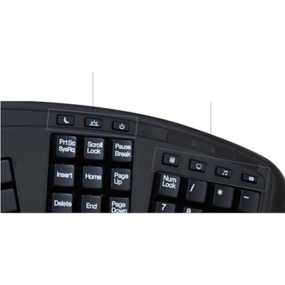Adesso 2.4GHz Wireless Ergonomic Touchpad Keyboard - Wireless Connectivity - RF - 30 ft (9144 mm) - 2.40 GHz - USB Interface - 105 Key(s) - 20 Hot Key(s) - Previous Track, Next Track, Play/Pause, Volume Up, Volume Down, Mute, Forward, Search, Wake-up, My Computer, Sleep, ... Hot Key(s) - Windows 10, m Media 3D  Ergonomic  Touchpa d Keyboard  with  sp