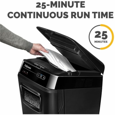 Fellowes AutoMax(tm) 200M Auto Feed Shredder - Non-continuous Shredder - Micro Cut - 200 Per Pass - for shredding Staples, Credit Card, Paper - 0.1" (1.98 mm) x 0.5" (13.87 mm) Shred Size - P-5 - 2.20 in/s (55.88 mm/s) - 9" (228.60 mm) Throat - 25 Minute Run Time - 25 Minute Cool Down Time - 32.1 ed Micro-Cut Shredder 