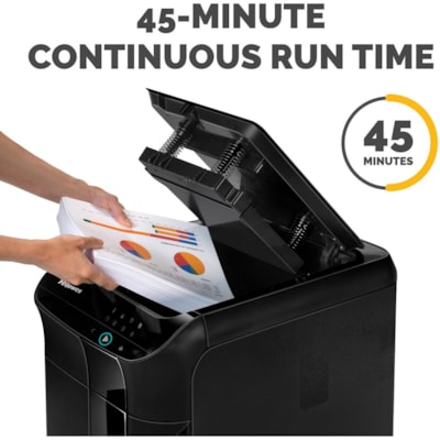 Fellowes AutoMax(tm) 350C Auto Feed Shredder - Non-continuous Shredder - Cross Cut - 350 Per Pass - for shredding Staples, Paper Clip, Paper, CD, DVD, Credit Card, Junk Mail - 0.2" (3.96 mm) x 1.5" (38.10 mm) Shred Size - P-4 - 2.20 in/s (55.88 mm/s) - 9" (228.60 mm) Throat - 45 Minute Run Time - 350 SHEETS AUTO/12 MANUAL 18 GALLON BIN