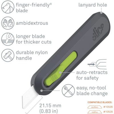 Slice Auto Retract Utility Knife - Ceramic Blade - 0.90" (22.86 mm) Height x 1.40" (35.56 mm) Width x 6.10" (154.94 mm) Length - Retractable, Non-sparking, Non-conductive, Rust-free Blade, Durable, Ambidextrous, Comfortable - Glass-filled Nylon, Stainless Steel, Zirconia, Carbon Steel - Gray, Green  AUTO-RECTRACTABLE 