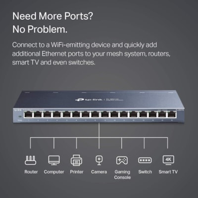 TP-Link 16-Port Gigabit Desktop Switch - 16 Ports - Gigabit Ethernet - 10/100/1000Base-T - 2 Layer Supported - 10 W Power Consumption - Twisted Pair - Desktop, Wall Mountable - 2 Year Limited Warranty  