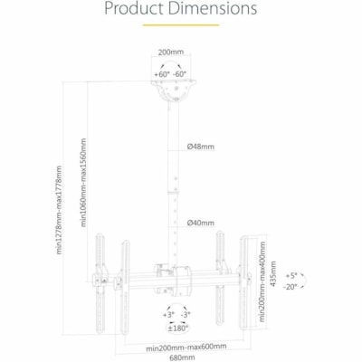 StarTech.com Dual TV Ceiling Mount, Back-to-Back Hanging Dual Screen VESA Pole Mount for 32"-75" TVs - Height Adjustable Telescopic Pole - Adjustable back-to-back dual TV ceiling mount w/ telescopic pole for large VESA mount displays/curved TVs up to 75in (110lb) per screen - Swivel/rotate/tilt - Wo  MNT 