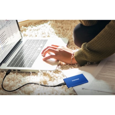 Samsung T7 MU-PC2T0H/AM 2 TB Portable Solid State Drive - External - PCI Express NVMe - Indigo Blue - Gaming Console, Desktop PC, Smartphone, Tablet Device Supported - USB 3.2 (Gen 2) Type C - 1050 MB/s Maximum Read Transfer Rate - 256-bit Encryption Standard - 3 Year Warranty PRTBL SSD-BLU 