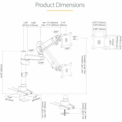 StarTech.com Desk Mount Monitor Arm with 2x USB 3.0 ports for VESA Display up to 34" (17.6lb/8kg), C-Clamp/Grommet, Mechanical Spring - VESA 75x75/100x100mm pole mount heavy duty single monitor arm for large 32in (16:9) or 34in (21:9/ultrawide) display up to 8kg; 2 USB 3.0 passthrough ports - Tilt/s  STND 