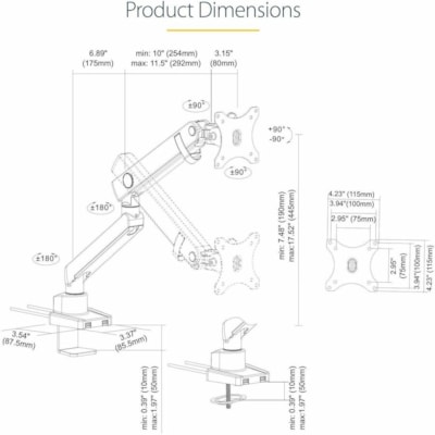 StarTech.com Desk Mount Monitor Arm with 2x USB 3.0 ports, for VESA Display up to 34" (17.6lb/8kg) , C-Clamp/Grommet, Mechanical Spring - VESA 75x75/100x100mm heavy duty single monitor arm for 32in (16:9) or 34in (21:9/ultrawide) display up to 8kg; 2 USB-A 3.0 passthrough ports - Tilt/Swivel - Full   MNT 