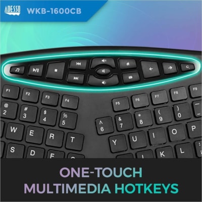 Adesso TruForm 1600 Wireless Ergonomic Keyboard and Optical Mouse - USB Membrane Wireless RF 2.40 GHz Keyboard - 104 Key - English (US) - Black - USB Wireless RF Mouse - Optical - 1600 dpi - Scroll Wheel - Black - Home, Back, Forward, Search, Email, Sleep, Wake-up, Power, Media Player, Calculator, P Wireless Ergonomic Desktop Key board  with low prof