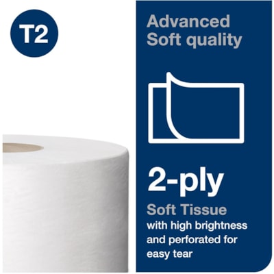 TORK Mini Jumbo Toilet Paper Roll White T2 - 2 Ply - 7.36" (186.94 mm) Roll Diameter - 2.34" (59.44 mm) Core - White - Fiber - 12 / Carton 2-PLY  32/3'' X 751'  WHITE ECOLOGO CERTIFIED