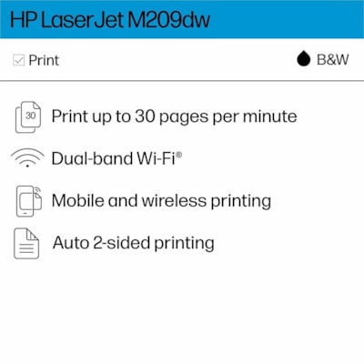 HP LaserJet 200 M209dw Desktop Wireless Laser Printer - Monochrome - 30 ppm Mono - 600 x 600 dpi Print - Automatic Duplex Print - 150 Sheets Input - Ethernet - Wireless LAN - Wi-Fi Direct, HP Smart App, Apple AirPrint, Mopria - 20000 Pages Duty Cycle - Plain Paper Print - Fast Ethernet - USB  