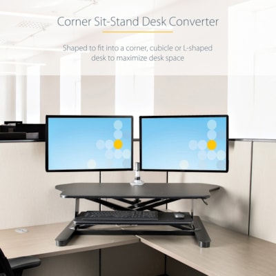 StarTech.com Corner Sit Stand Desk Converter with Keyboard Tray, Large Surface 35"x21" , Height Adjustable Ergonomic Tabletop Standing Desk - Corner sit-stand desk converter w/ 35.7x20in area - Height adjustable standing desk converter (6.1-23in from desk) - Assembled - Ergonomic stand up workstatio  