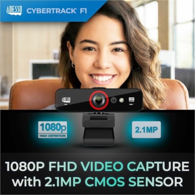 Adesso - Webcam CyberTrack F1 - 2,1 Mégapixels - 30 fps - USB 2.0 - 1 chaque - 1920 x 1080 Vidéo - CMOS Capteur - Focale fixe - 120° Angle - Microphone - Pour Moniteur, Ordinateur portable, Téléviseur - Windows 10 NDOWS HELLO FACE RECOGNITION B UILD-IN ADJUSTABLE F