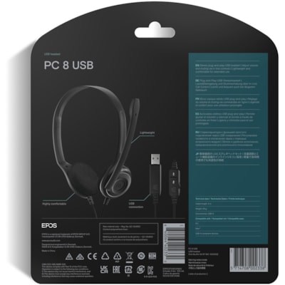 EPOS PC 8 USB Headset - Stereo - USB Type A - Wired - 32 Ohm - 42 Hz to 17 kHz - On-ear - Binaural - Supra-aural - 6.6 ft Cable - Uni-directional, Noise Cancelling Microphone - Black TACCS 