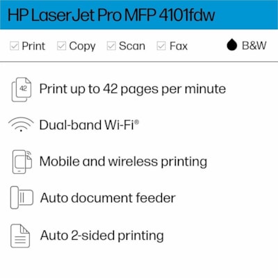 HP - Imprimante multifonction laser LaserJet Pro 4101fdw Filaires et Sans fil - Monochrome - Copieur/Télécopieur/Imprimante/Scanner - 42 ppm Impression Mono - 4800 x 600 dpi Impression - Automatique Recto/Verso - jusqu'à 80000 Pages mensuelles - Couleur Scanner à Plat Scanner  