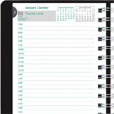 Blueline 2026 EcoLogix 12-Month Daily Planner - January to December - 8" x 5" - Black - Bilingual - Daily, Monthly - 12 Month - January 2026 to December 2026 - 7:00 AM to 7:30 PM - Half-hourly, Monday - Sunday - 1 Day Single Page Layout - 5" (127 mm) x 8" (203.20 mm) Sheet Size - Twin Wire - Black -  