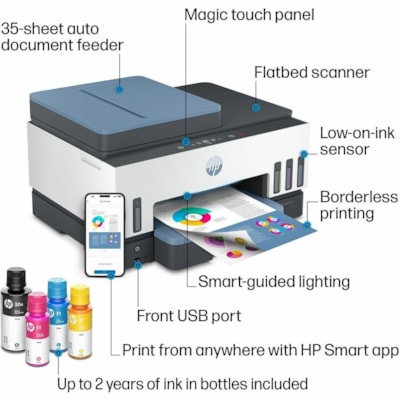 HP - Imprimante multifonction à jet d'encre 7602 Filaires et Sans fil Smart Tank - Couleur - Copieur/Télécopieur/Imprimante/Scanner - 4800 x 1200 dpi Impression - Automatique Recto/Verso - jusqu'à 6000 Pages mensuelles - Couleur Scanner à Plat Scanner - 1200 dpi Scanner   