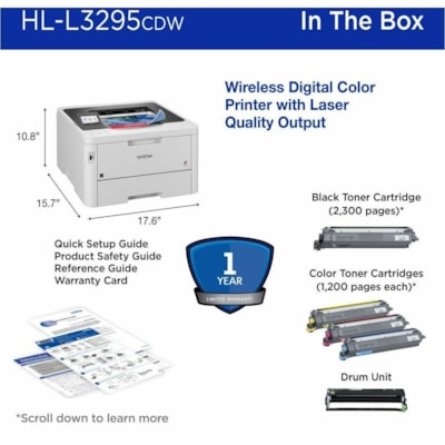 Brother HL-L3295CDW Desktop Wireless Laser Printer - Color - 31 ppm Mono / 31 ppm Color - 2400 x 600 dpi class - Automatic Duplex Print - 250 Sheets Input - Ethernet - Wireless LAN - Wi-Fi Direct, Apple AirPrint, Mopria, Brother Mobile Connect - 50000 Pages Duty Cycle - Plain Paper Print - Gigabit E  