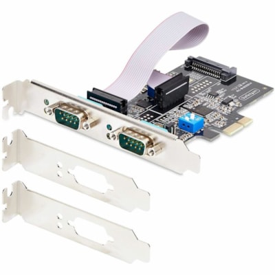 StarTech.com 2-Port Serial PCIe Card, Dual-Port RS232/RS422/RS485 Card, 16C1050 UART, ESD Protection, Windows/Linux, TAA-Compliant - 2-Port PCIe Serial Card features on-board DIP switches allowing each DB9 port to operate in RS-232/RS-422/RS-485 independently; Jumpers provide the option of 12V/5V/RI  CTLR 