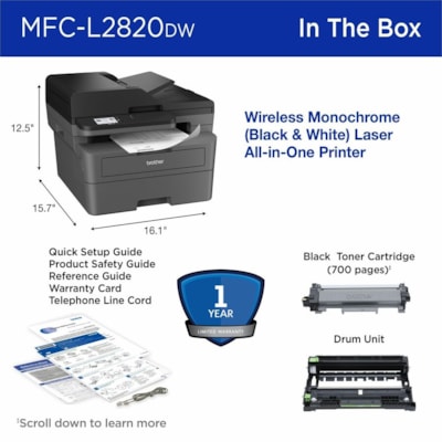 Brother MFC-L2820DW Wireless Laser Multifunction Printer - Monochrome - Gray - Copier/Fax/Printer/Scanner - 34 ppm Mono/7.9 ppm Color Print - 1200 x 1200 dpi Print - Automatic Duplex Print - Up to 35000 Pages Monthly - Monochrome Scanner - 1200 x 1200 dpi Optical Scan - Ethernet - Wireless LAN - App ER MULTIFUNCTION 