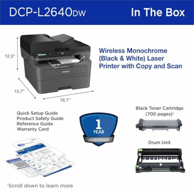 Brother DCP-L2640DW Wireless Laser Multifunction Printer - Monochrome - Gray - Copier/Printer/Scanner - 23.6 ppm Mono Print - 1200 x 1200 dpi Print - Automatic Duplex Print - Wireless LAN - Apple AirPrint, Mopria - USB - For Plain Paper Print - 1 Each  PRNT 