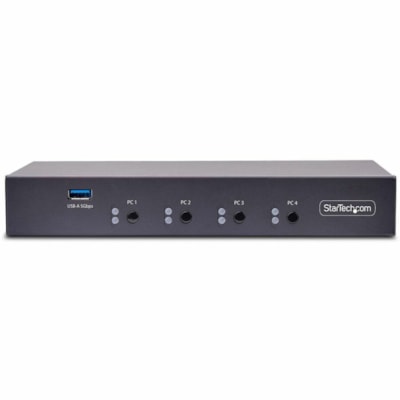StarTech.com 4-Port KM Switch w/ Mouse Switching, USB 3.0 Keyboard/Mouse Switcher for 4 Computers, 3.5mm and USB Audio, TAA Compliant - Mouse Roaming allows users to instantly switch computers by moving the mouse between monitors without using hotkeys or physical buttons; 3x USB HID and 2x USB 5Gbps  CPNT 