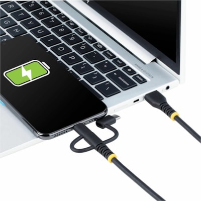 StarTech.com 3.3ft (1m) Rugged USB Multi Charging Cable, USB to Lightning/Micro-USB/Type-C, Apple MFi, Aramid Jacket, 3-in-1 Charger Cord - 3-in-1 Rugged USB Cable compatible w/portable devices; Apple MFi Certified Lightning; Supports USB-C and Micro-USB; Rugged cable design w/Aramid fiber; Flexible  MULTI CHARGING CABLE  USB TO LIGHTNING/MICRO-USB/