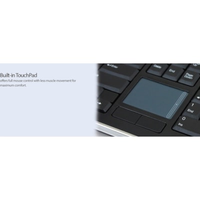 Adesso Wireless Desktop Touchpad Keyboard - Wireless Connectivity - RF - 30 ft (9144 mm) - 2.40 GHz - USB Interface - 104 Key(s) - On/Off Switch Hot Key(s) - English (US) - QWERTY Layout - Desktop Computer - TouchPad - Membrane Keyswitch - AAA Battery Size Supported - Black top Touchpad Keyboard ard (glazing black c