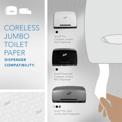 Scott Coreless High-Capacity Jumbo Roll Toilet Paper with Elevated Design - 2 Ply - 3.78" (96.01 mm) Width x 1150 ft (350.52 m) Length - White - Fiber - 12 / Carton BATH TISSUE ROLL 3-7/10"X1150' WHITE CASE OF 12 ROLLS