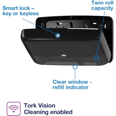 TORK Elevation Bath Tissue Jumbo Roll Mini Twin Dispenser - Roll Dispenser - 10.10" (256.54 mm) Height x 17" (431.80 mm) Width x 5.70" (144.78 mm) Depth - Plastic, Polystyrene - Black - Refillable - 1 / Carton JUMBO TWIN DISPENSER  101/8X17 X511/16  BLACK