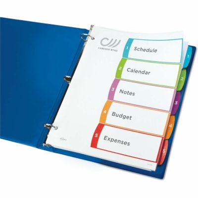 Avery® Ready Index® Customizable Table of Contents Dividersfor Laser and Inkjet Printers, 5 tabs, 1 set - 5 x Divider(s) - 5 Printed Tab(s) - Digit - 1-5 - 5 Tab(s)/Set - 8.50" (215.90 mm) Divider Width x 11" (279.40 mm) Divider Length - Letter - 8.50" (215.90 mm) Width x 11" (279.40 mm) Len 1-5 NUMBERED TABS  PAPER CONTEMPORARY MULTI COLOURS