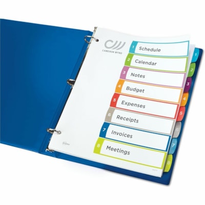 Avery® Ready Index® Customizable Table of Contents Dividersfor Laser and Inkjet Printers, 8 tabs, 1 set - 8 x Divider(s) - 8 Printed Tab(s) - Digit - 1-8 - 8 Tab(s)/Set - 8.50" (215.90 mm) Divider Width x 11" (279.40 mm) Divider Length - Letter - 8.50" (215.90 mm) Width x 11" (279.40 mm) Len 1-8 NUMBERED TABS  PAPER CONTEMPORARY MULTI COLOURS