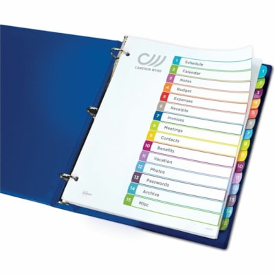 Avery® Ready Index® Customizable Table of Contents Dividersfor Laser and Inkjet Printers, 15 tabs, 1 set - 15 x Divider(s) - 15 Printed Tab(s) - Digit - 1-15 - 15 Tab(s)/Set - 8.50" (215.90 mm) Divider Width x 11" (279.40 mm) Divider Length - Letter - 8.50" (215.90 mm) Width x 11" (279.40 mm 1-15 NUMBERED TABS  PAPER CONTEMPORARY MULTI COLOURS