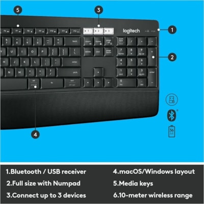 Logitech® MK850 Performance Wireless Keyboard and Mouse Combo - USB Wireless Bluetooth/RF Keyboard - USB Wireless Bluetooth/RF Mouse - Optical - 1000 dpi - 8 Button - Scroll Wheel - AAA, AA - Compatible with Desktop Computer, Smartphone, Notebook, Tablet for PC, Mac - 1 Each  