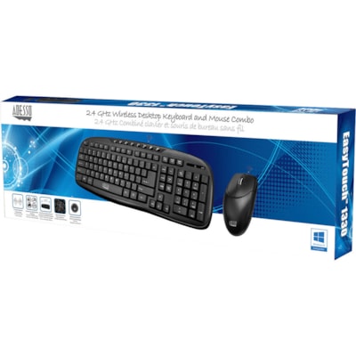 Adesso WKB-1330CB 2.4 GHz Wireless Desktop Keyboard and Mouse Combo - USB Membrane Wireless RF 2.40 GHz Keyboard - 103 Key - English (US) - Black - USB Wireless RF Mouse - Optical - 1200 dpi - Scroll Wheel - QWERTY - Black - Internet Key, Play/Pause, Previous Track, Next Track, Volume Down, Volume U ize with full desktop function ality.  Multimedia a