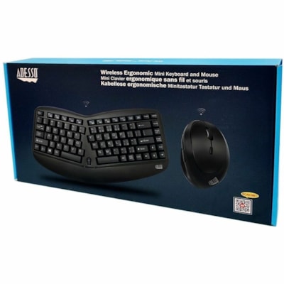 Adesso Tru-Form Wireless Ergo Mini Keyboard & Mouse - USB Membrane Wireless RF Keyboard - 87 Key - English (US) - Black - USB Wireless RF Mouse - Optical - 1600 dpi - Scroll Wheel - QWERTY - Black - Play/Pause, Stop, Forward, Volume Up, Volume Down, Mute, Skip Backward Hot Key(s) - Right-handed - AA  