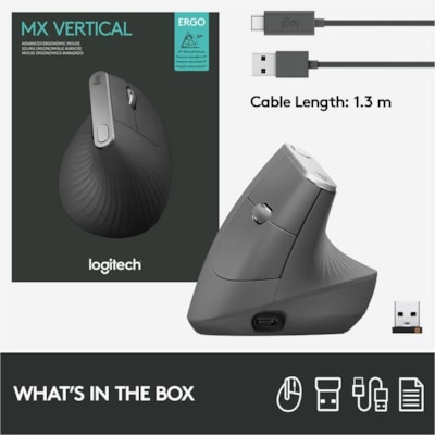 Logitech MX Vertical Advanced Ergonomic Mouse - Optical - Cable/Wireless - Bluetooth/Radio Frequency - Graphite - USB Type C - 4000 dpi - Scroll Wheel - 4 Button(s) - Right-handed - 1 Each ADVANCED ERGONOMIC USB  BLUETOOTH  2.4GHZ